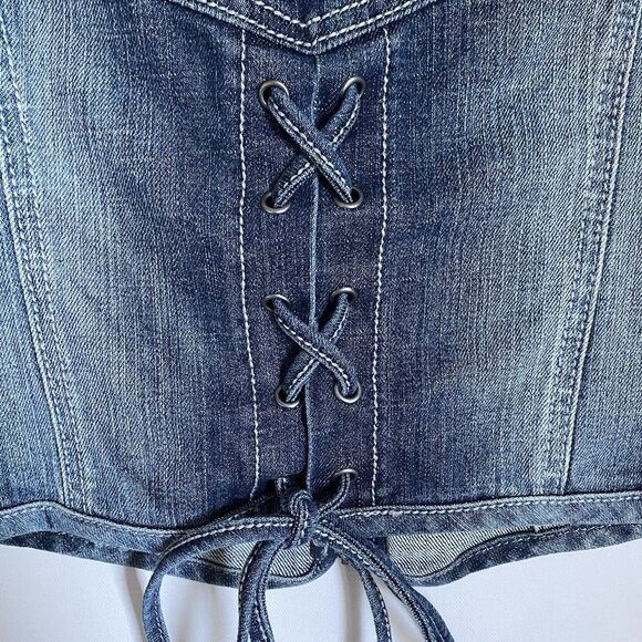 Harley Davidson Vest Jean S Blue Zip Up Embroidered Rhinestones Tie Back - Picture 9 of 12